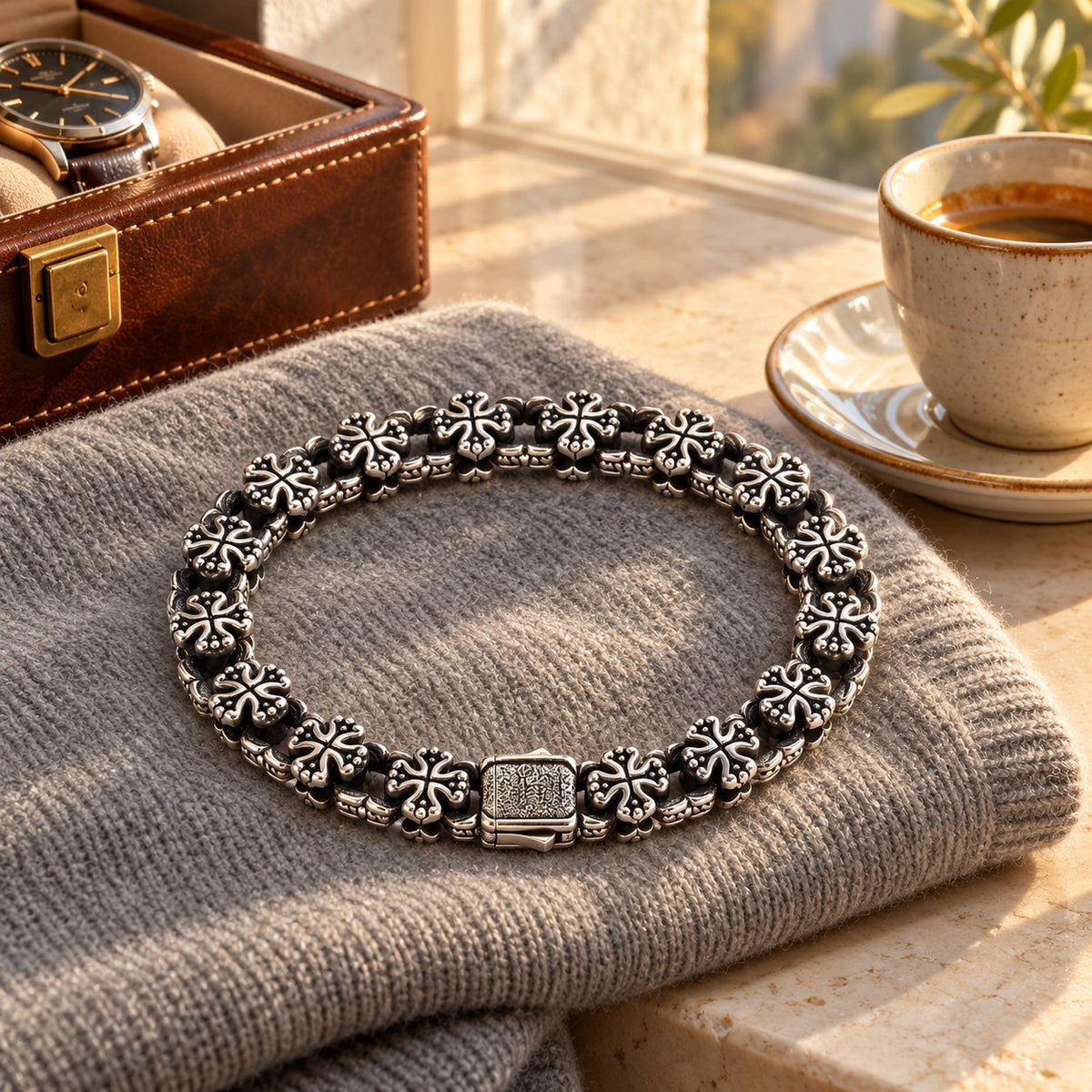Silver fleur cross link bracelet with a box clasp on a grey cashmere sweater