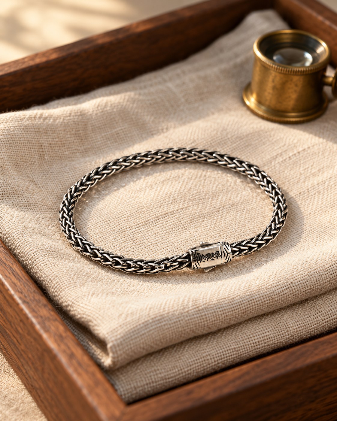 Silver foxtail chain bracelet with an engraved box clasp on folded linen