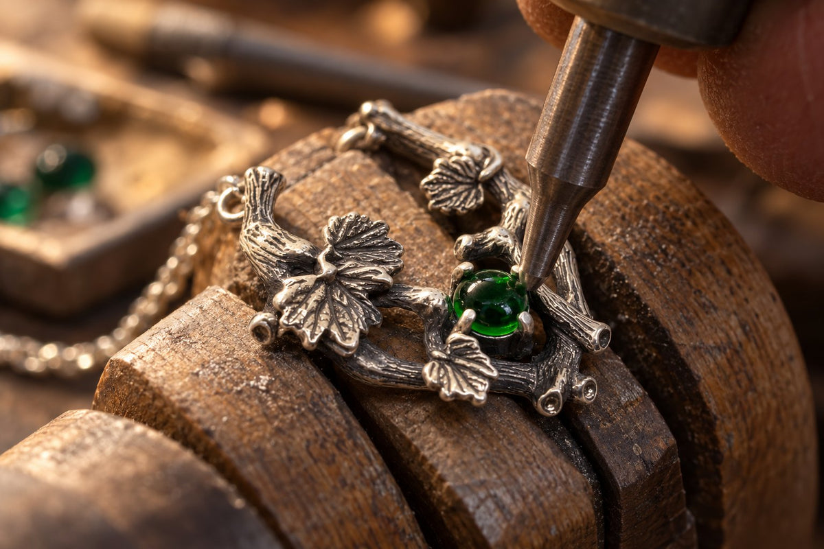 Setting the green stone in the grape vine pendant