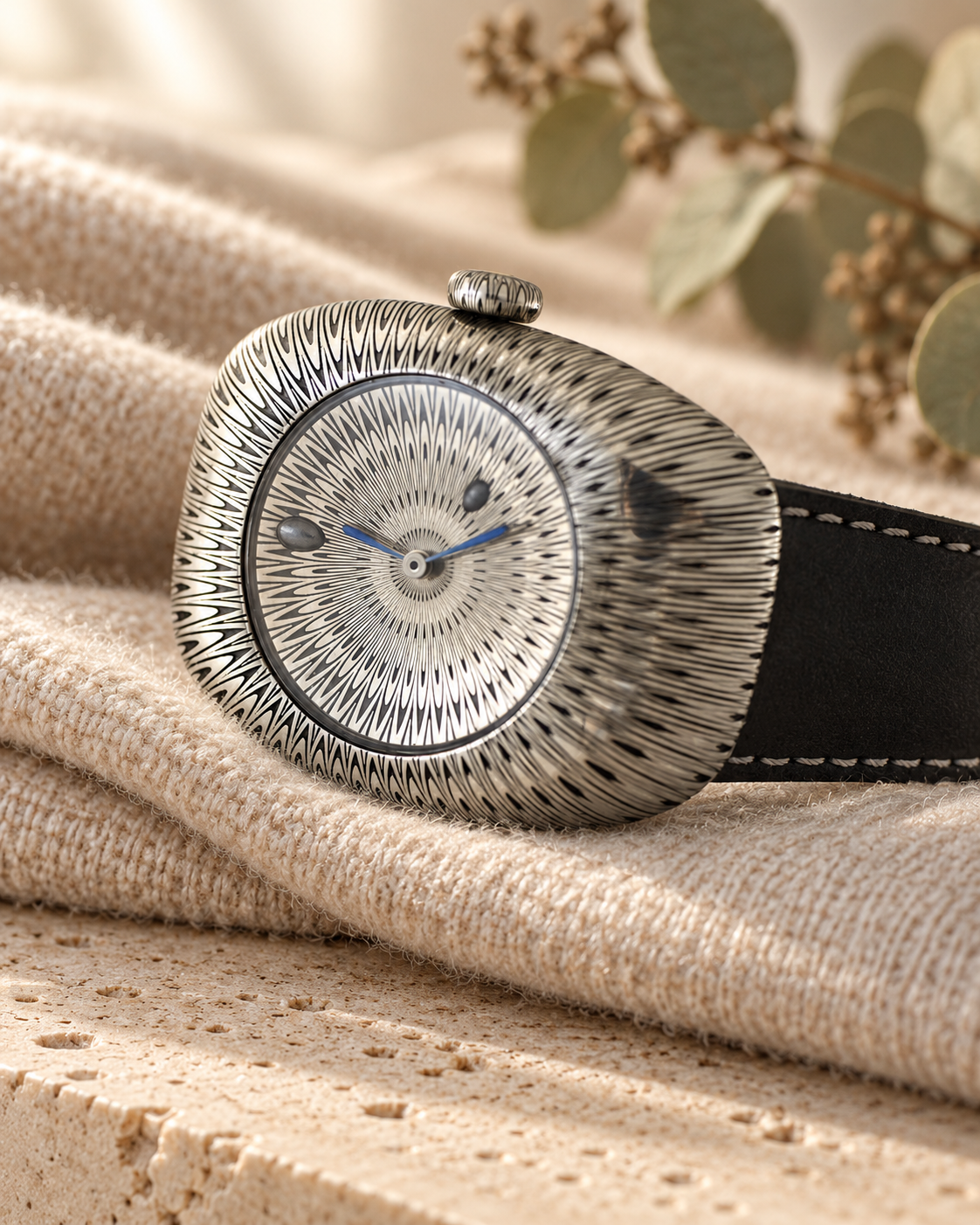 Aurelliani tonneau silver watch engraved with a flame chevron pattern on oatmeal wool