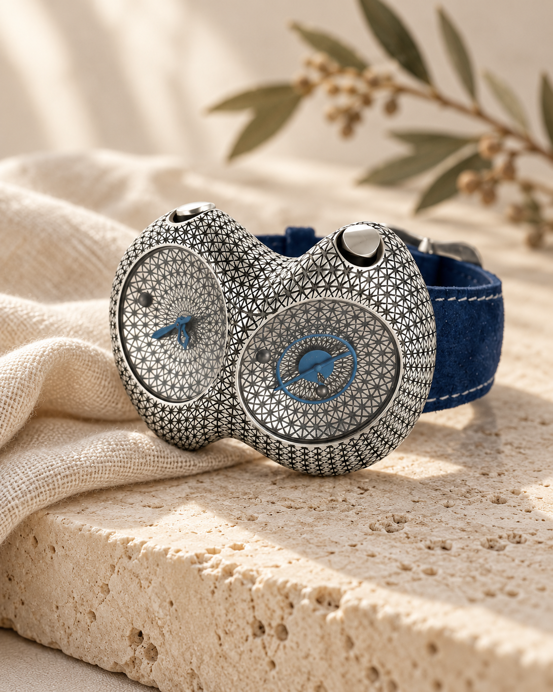 Aurelliani double-dial silver watch with star engraving and navy suede strap on travertine