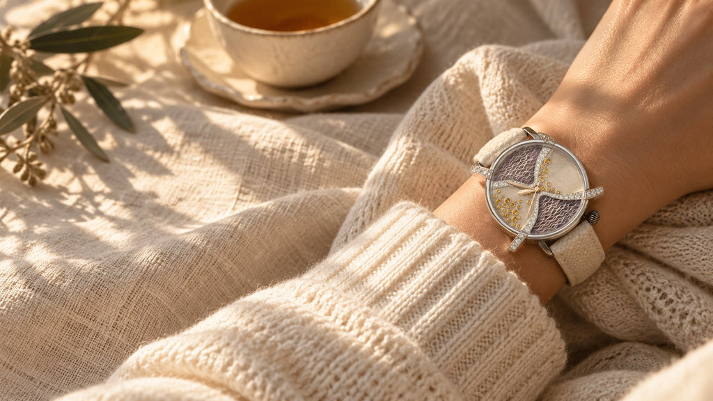 Silver watch with stingray strap worn on the wrist over a knit sleeve