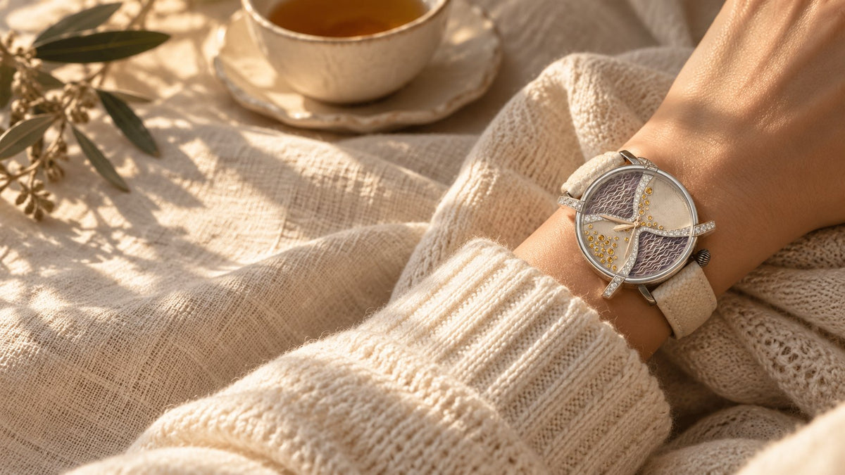 Silver watch with stingray strap worn on the wrist over a knit sleeve
