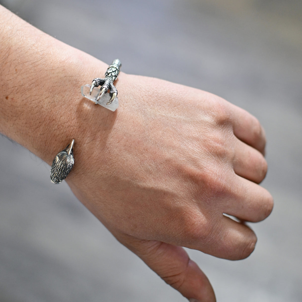 Silver eagle cuff with raw rock crystal, detail view